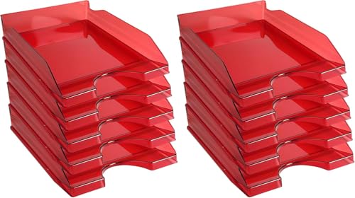 Bandejas de Oficina Apilables – Organizador Oficina para Folios – Organizador de Archivos Escritorio Color Transparente Rojo OFFICEPAPER Pack(10 Bandejas)