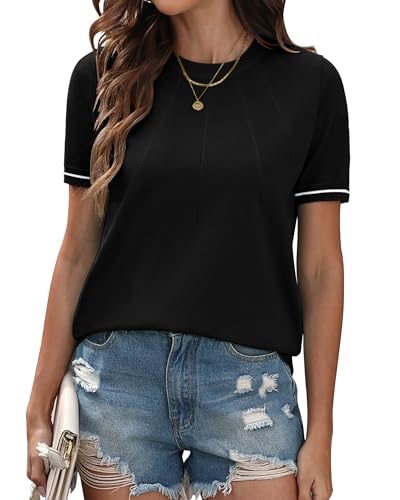 Image of COSSEN Womens Tops 2025 Spring Summer Short Sleeve Sweater Fashion Trendy Crewneck Casual Knit T Shirts Blouse