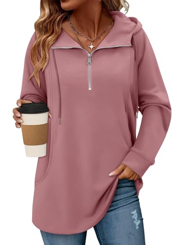 onlypuff Women Hoodie Pullover Trendy Quarter Zipper Lapel Sweatshirts Drawstring Cute Hooded Tunic Tops with Side Pockets