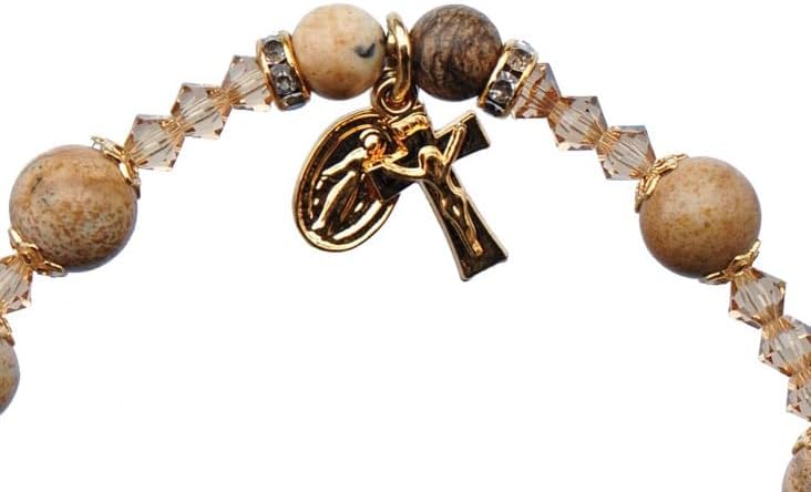 Sine Cera Picture Jasper/Gold Trim 1 Decade Catholic Rosary Bracelet, Smooth 8mm Beads - Image 2