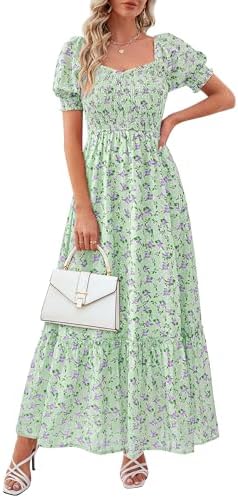 PRETTYGARDEN Women's Floral Boho Maxi Dresses Flowy Short Sleeve ...