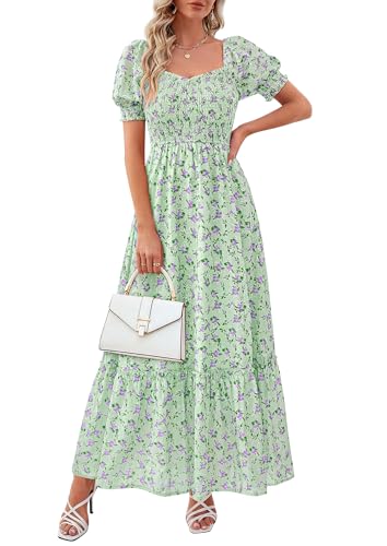 Image of PRETTYGARDEN Women's Summer Floral Boho Eyelet Flowy Maxi Dresses | Embroidered,Hollow Out,Sweetheart Neck,Lantern Short Sleeve,Smocked Pockets,Fit and Flare,Swing Long,Beach Vacation Clothes