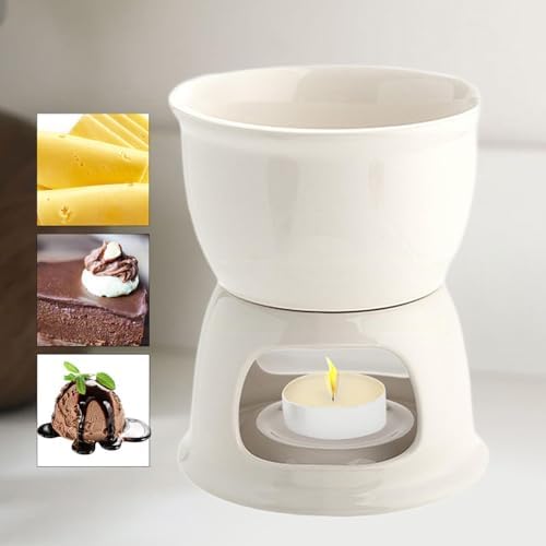 FewNvWa Chocolate Ceramic Fondue Set Melting Pot Butter Warmer Cheese Heater with Tea Light Base Smooth Glaze Easy to Clean Suitable for Home, White - 4