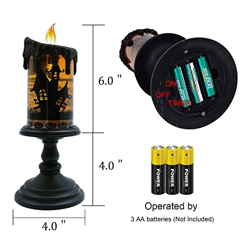 Image of Halloween Flameless Candle Snow Globe Battery Operated with 6 Hour Timer, Yellow Light Bat Decal Water Tornado Lamp LED Candlestick Halloween Season Decor Gift 4 x 10 Inches