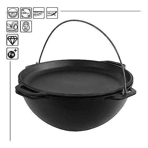 Heavy-Duty-Cast-Iron-Traditional-15-L-Kazan-Uzbek-Skillet-Discada-Cookware-Plov-Wood-Fire-Oven-Dutch-Wok---Lid-Outdoor-Cooking-Frying-Pot-Cooking-Gifts