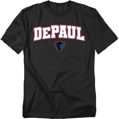 DePaul University Arch Logo Black Unisex Adult T Shirt, Black, Small