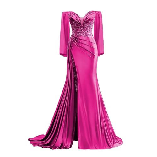 V Neck Prom Dresses with Sleeves Satin Mermaid Formal Evening Gown Long Bodycon Wedding Party Dress
