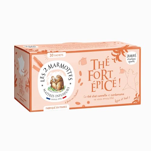 Les 2 Marmottes Thé Fort épicé - Thé Chai noir BIO, cannelle et cardamome - Energisant et gourmand - Pour le matin - 30 Sachets par boite - Made in France - 48g