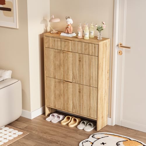 Image of Fluted Shoe Cabinet Storage with 2 Flip Drawers & 1 Drawers, Wood Narrow Hidden Shoe Cabinet with Adjustable Shelf for Entryway, Freestanding Slim Shoe Rack Organizer for Foyer Hallway Living Room
