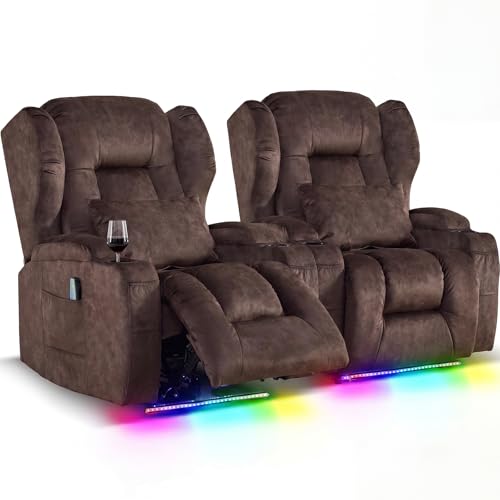 Image of Oprisen Wall Hugger Power Recliner Chair Set of 2, Overstuffed Home Theater Seating w /Heat Massage Electric Movie Gaming Sofa Reclining Sleeper Chair with LED Light /Lumbar Pillow /Cup Holders