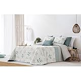 Colcha bouti juvenil diseño Vanir agua de Fun&Deco, con estampado ramas con hojas en colores grises y verde agua. Lleva en zona almohada cenefa en verde agua y gris