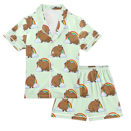 senya Capybara with Rainbow P Satin Summer Pajama Sets Silk Short Sleeve Button Down Sleepwear