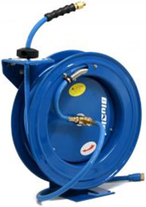 BLUBIRD Heavy-Duty Air Hose Reel All-In-One 3/8” x 50’ with 180° Swivel Mount, 5-In-1 Coupler, Slow Safety Rewind, Whisper-Quiet, Powder-Coated Steel, Corrosion-Resistant Brass Fittings