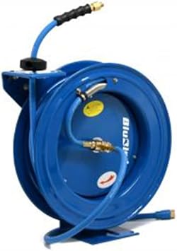 BLUBIRD Heavy-Duty Air Hose Reel All-In-One 3/8 x 50 with 180 Swivel Mount, 5-In-1 Coupler, Slow Safety Rewind, Whisper-Quiet, Powder-Coated Steel, Corrosion-Resistant Brass Fittings