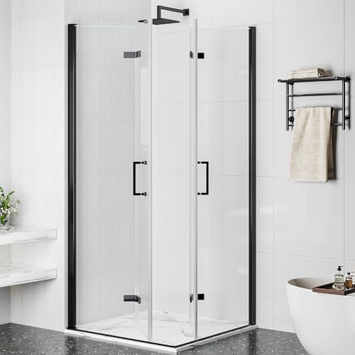 Findepot Corner Shower Enclosure Kit 34\" D ×34\" W × 72\" H, Stand Up Shower Stall Kit with 1/4\" Clear Corner Shower Glass Door, Bi-Fold Tempere Frameless Glass, Matte Black, Base Not Included - Thumbnail 2