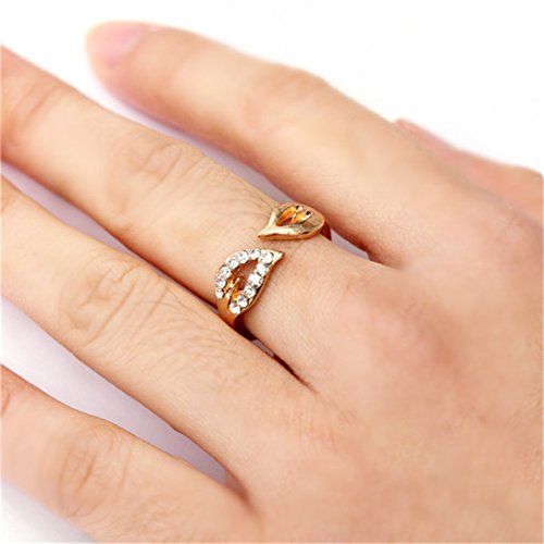 AHAOMG(TM) 1Pcs Silver Gold Ring Simple Elegant Design Two Leaf Set Rhinestone Lovers Adjustable Rings