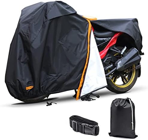 Autolion Motorcycle Cover,Waterproof Zipper 420D Heavy Duty Outdoor Cover for All Seasons Windproof, High Heat Resistance Dustproof and Rainproof Snowproof(Orange Zipper XXL Fits Up to 108 inch)