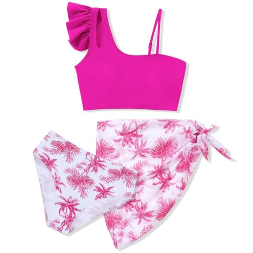 Girls Swimsuits Hawaiian Teen Bathing Suits 3 Piece Tropical Floral Ruffle Strap Bikini Set with Cover Up Skirt 9-16T