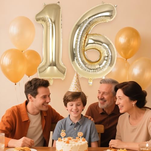 Image of Champagne Gold Large Number 16 Balloon, 40 Inch Light Gold Foil Helium Number Balloons, Giant Mylar Number 16 Balloons for 16 Years Old Birthday Party Anniversary Decorations (Champagne Gold 16)