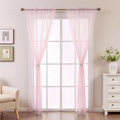 Image of Pink Sheer Curtains 63 Inch Length, Privacy Semi Sheer Curtains for Living Room Bedroom, Light Filtering Rod Pocket Voile Window Drapes 2 Panels Set, Each 42 inch W x 63 inch L
