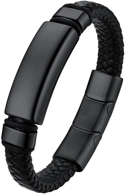 U7 Mens Leather Bracelet with Stainless Steel Clasp, Leather Cuff Bracelet in Skull or Wrap Style Black Bracelets for Husband