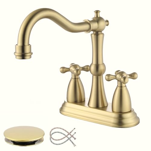 Antique Bathroom Faucet Brushed Gold Senhozi Cross Handles Centerset Bathroom Faucet for Sink 3 Hole with Overflow Pop Up Drain Assembly and Supply Hose SUS304 RV Bathroom Faucet 3 Hole SE-0038-BG