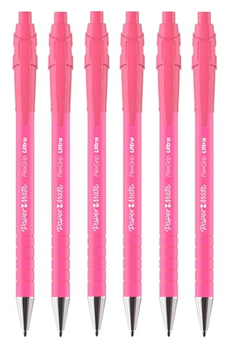 Paper Mate FlexGrip Ultra Retractable Ballpoint Pens | Medium Point | Blue Ink | 6 Pack | Bright Pink Retro Barrels