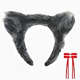 Moikolok Grey Wolf Ears Headband and Red Bow Hair Clips (2 PCS) Gray Wolf Cosplay Headwear Red Bowknot Hair Barrettes