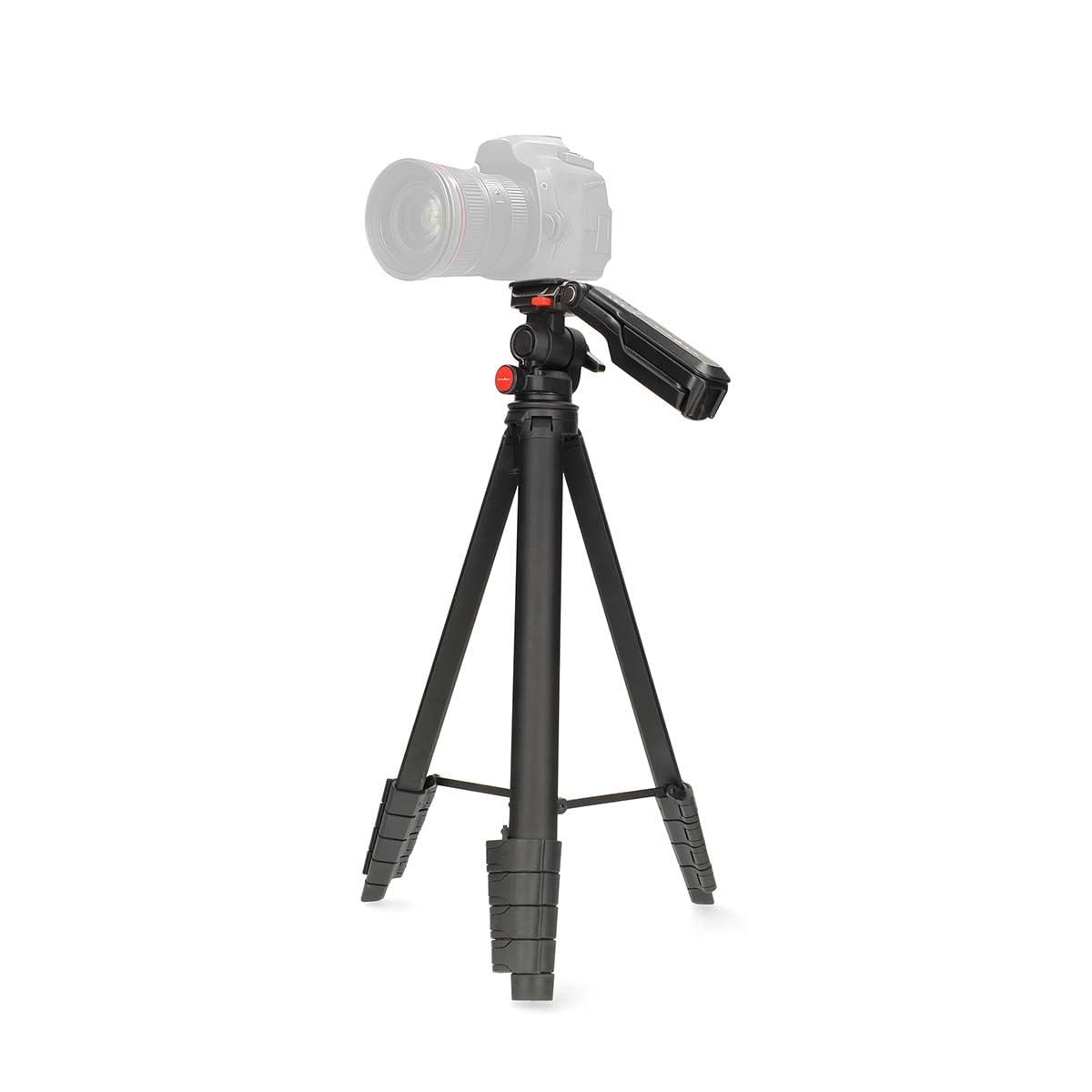 Nedis Trépied de Voyage léger pour Appareil Photo et Smartphone, Hauteur réglable de 160 cm, tête panoramique et inclinable, Support de téléphone et Sac de Transport Inclus, Noir