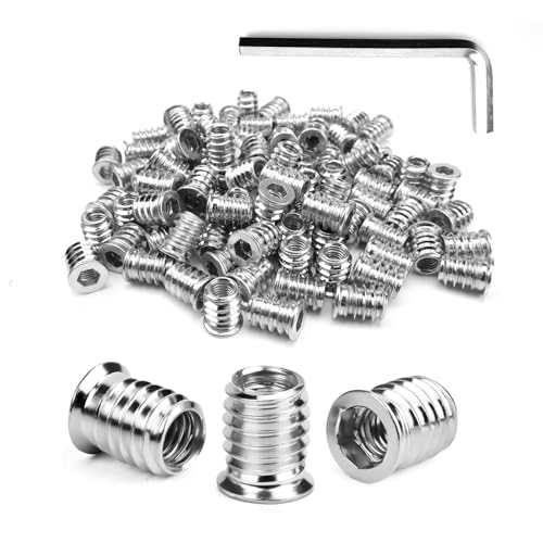 HERKINDNESS 100 Pièces Insert Fileté Bois, Insert Fileté M6 X 15 mm, Insert Bois M6 en Acier Galvanisé, Structure Filetée Intérieure et Extérieure, pour...