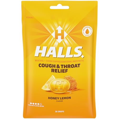 HALLS Cough and Throat Relief Honey Lemon Cough Drops, 30 Drops