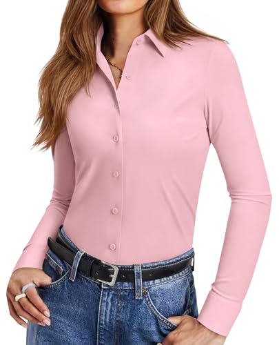 siliteelon Stretch Pink Button Down Shirts for Women Slim Fit Long Sleeve