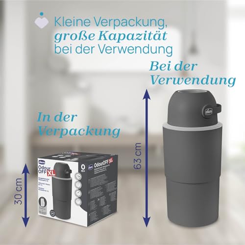 Chicco Windeleimer XL Geruchskontrolle, kompakte und platzsparende Windelentsorgung, fasst bis zu 45 Windeln, kein Nachfüllen nötig, normale Beutel verwenden, Grau