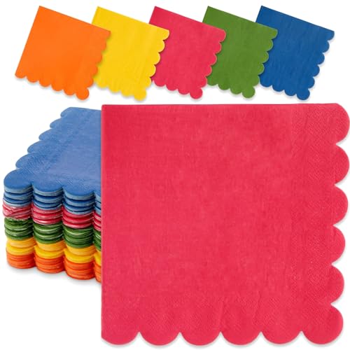 Sparkle and Bash Colorful Napkins - 150 Pack 6.5 x 6.5 in 2-Ply, Scalloped Paper in 5 Solid Colors - Absorbent Fiesta Dinner & Mexican Party Table Napkins