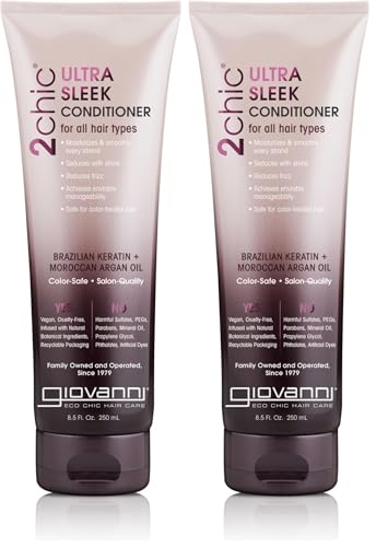 GIOVANNI 2chic Ultra-Sleek Conditioner – Brazilian Phyto-Keratin & Moroccan Argan Oil, Anti-Frizz Formula, Coconut, Shea Butter, Pro-Vitamin B5, Color Safe, Paraben Free – 8.5 oz (Pack of 2)