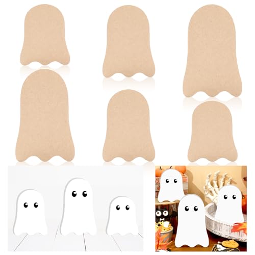 JarThenaAMCS 6Pcs Halloween Wooden Sign Cute Ghost Unfinished Ghost Shaped Table Wooden Signs for Halloween Autumn Tiered Tray Decor Home Kitchen Office DIY Craft