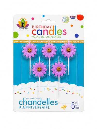 Image of Smiley Flower Birthday Candles for Cake Decoration, Pack of 5, flower Shape Decorative Cake Candles, Natural Wax Party Candles for Birthday, Anniversary, Baby Shower & Celebration (PURPLE)