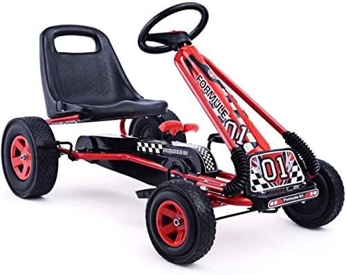 HONEY JOY Go Kart for Kids, 4 Wheel Quad Off-Road Pedal On Foot Go Cart w/Steering Wheels & Adjustable Seat, 2 Safety Brakes, EVA Tires, Clutch, Outdoor Racer Ride On Pedal Car (Red)