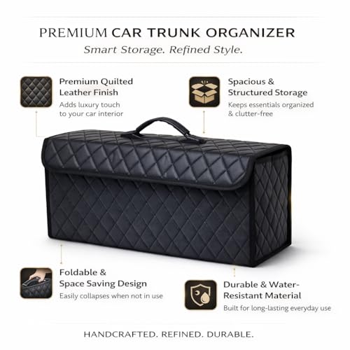 Image of JVCV PU Leather Car Trunk Boot Organizer Bag Box, With Lid Anti Slip Car Accessories Organizer, Foldable, Waterproof Storage Box for Car, Suv, Sedan, Truck, Minivan (Large - PU Leather).