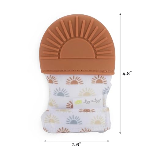 Image of Itzy Ritzy Silicone Teething Mitt - Soothing Infant Teething Mitten with Adjustable Strap, Crinkle Sound & Textured Silicone to Soothe Sore & Swollen Gums - for Ages 3 Months & Up (Terracotta Sun)