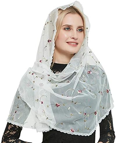 Voile Chrétien Femme Mantille Triangle - Broderie Vierge Et Enfant, Dentelle, Blanc, 126x45 Cm - 5