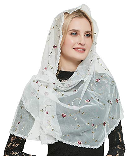 Orthodox Veil Head Covering with Embroidered flowers Catholic Chapel Mantilla veil V50 (Ivory veil)