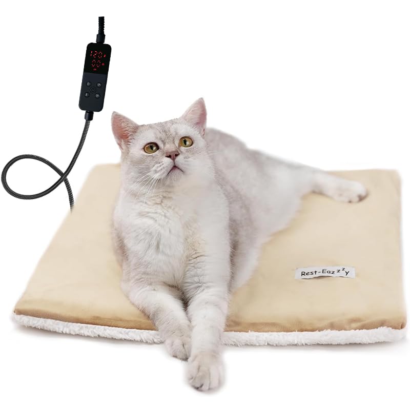 Rest-Eazzzy Cat Heating Pad, Cat Bed with Removable Cover Heated Cat Bed 5 Level Timer and 5 Level Temperature, Cat Beds for Indoor Warming Mat for Cat Dog (Heat pad, Pure-Beige)