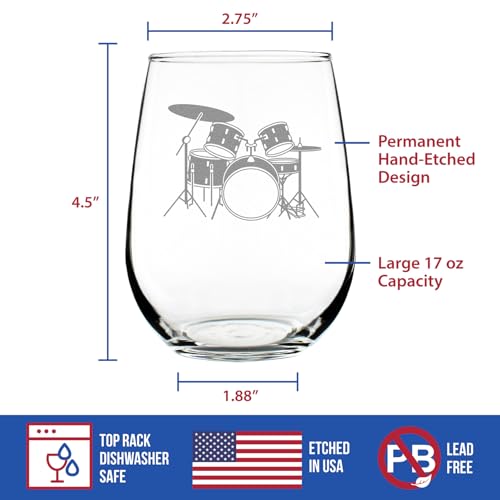 Drums - Stemless Wine Glass - Drumming Gifts for Drummers - Large 17 Ounce Glasses - Thumbnail 4