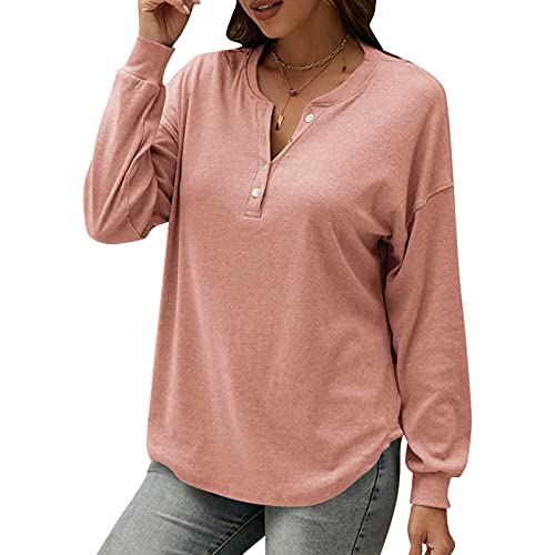 Domary Blusa Escovada Feminina Camiseta Decote em V Manga Longa Manga Comprida Botão Ombro para Baix