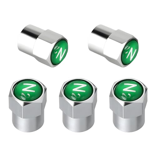 Sbulhia 5 PCS Brass Tire Valve Stem Caps, Dustproof N2 Logo Wheel Valve Stem Protector with Sealing Ring, Nitrogen Logo Tire Air Cap Leak-Proof Cover for Car Truck Motorcycle (Silver & Green)