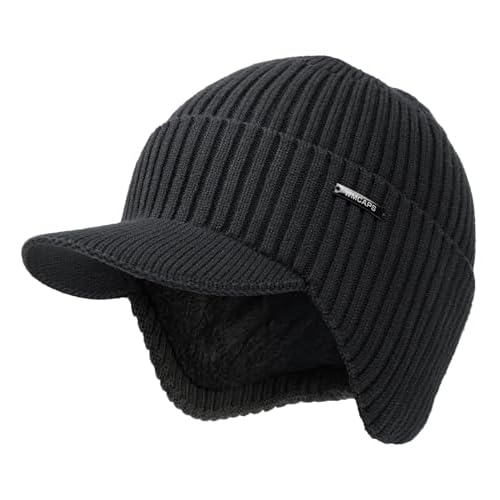 Wmcaps Winter Beanie with Brim and Ear Flaps, Outdoor Warm Fleece Lined Knit Hat Stocking Caps for Men Women