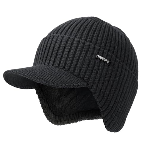 Wmcaps Winter Beanie with Brim and Ear Flaps, Outdoor Warm Fleece Lined Knit Hat Stocking Caps for Men Women