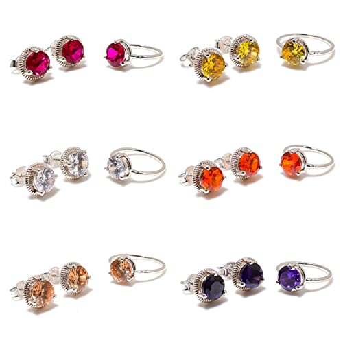 Morganite Gemstone Jewelry Set For Woman 925 Silver Stacked Solitaire Rings Band Stud Earrings For Girls (Yellow Gold Plated, 5.5) #TOP6