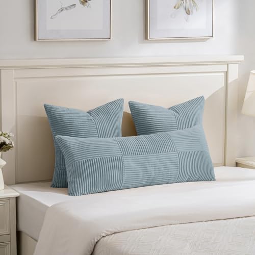 Image of Fancy Homi Set of 2 Light Blue Decorative Throw Pillow Covers 18x18 Inch with for Couch Bed Sofa Living Room, Soft Cross Patchwork Striped Corduroy Coastal Blue Square Cushion Case 45x45 cm